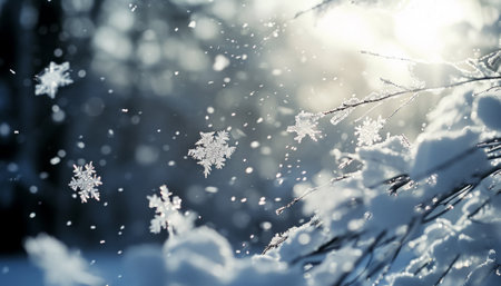 Beautiful winter landscape with snowflakes on the branches of treesの素材