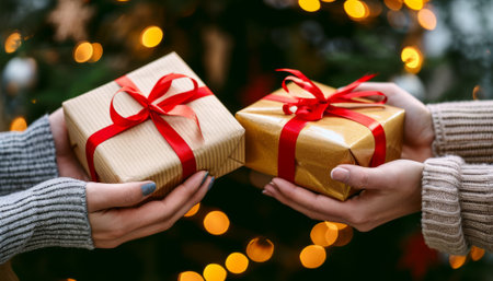 Close up of two female hands holding christmas gift boxes on bokeh backgroundの素材