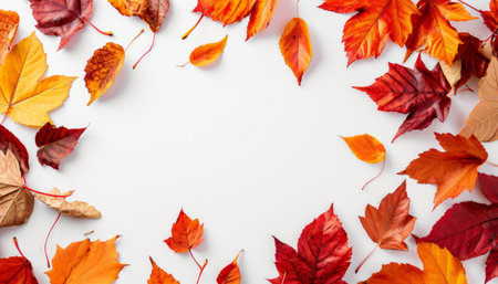 Autumn composition. Frame made of autumn leaves on white background. Flat lay, top view, copy spaceの素材