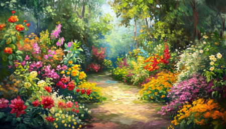 Digital painting of a path in the garden with flowers and trees.の素材
