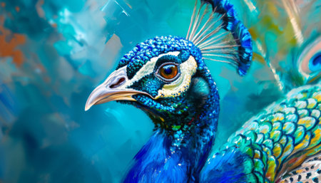 Beautiful peacock on the background of a multicolored watercolorの素材