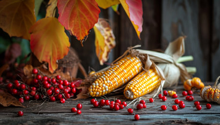 Autumn still life with corn and berries on rustic wooden backgroundの素材