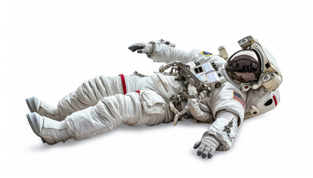 Astronaut in space suit lying on the ground isolated on white backgroundの素材
