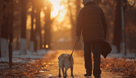 Man walking with a dog in the park at sunset, back viewの素材