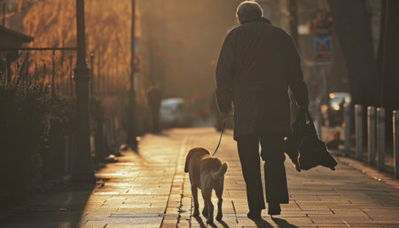 Elderly man walking with his dog in the street at sunsetの素材