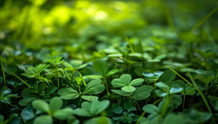 Green clover leaves in the forest. Nature background. Selective focus.の素材