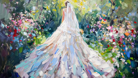 Original oil painting of a woman in a wedding dress with flowers.の素材
