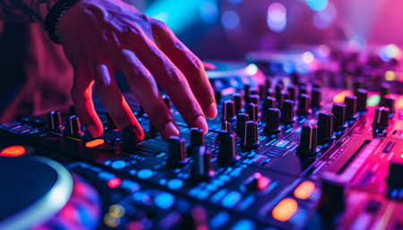 Dj mixes the track in the nightclub at a party. Close-up.の素材