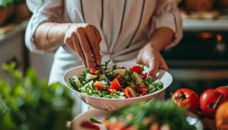 Close up of female hands mixing fresh salad with tomatoes and cucumbers in bowlの素材