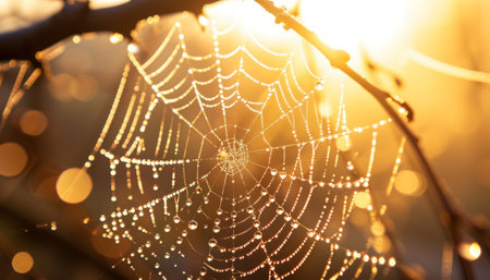 Spider web with dew drops at sunrise, close-up.の素材