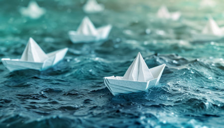 Paper boats floating on the water. Conceptual image of leadership.の素材