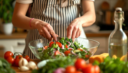 Young woman cooking in kitchen. Housewife preparing salad. Healthy mealの素材
