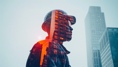 Double exposure of a man wearing a helmet and looking to the cityの素材