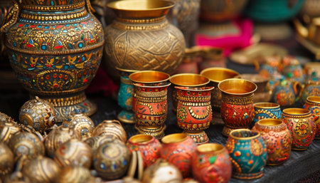 Colorful clay pots for sale at the bazaar in Istanbul, Turkeyの素材