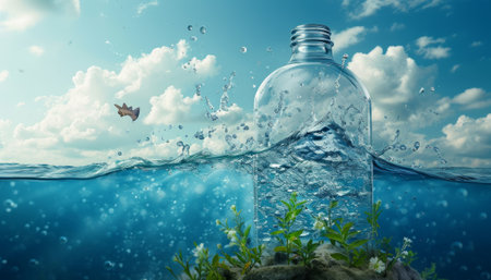 Plant growing out of a bottle of water. Mixed media.の素材