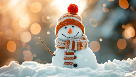 Funny snowman in knitted hat and scarf standing in snow with bokeh backgroundの素材