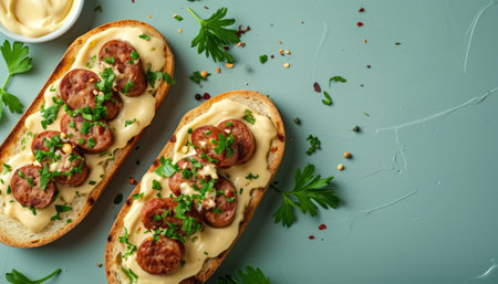 Bruschetta with sausage, cheese and parsley on blue background. Top view, copy spaceの素材