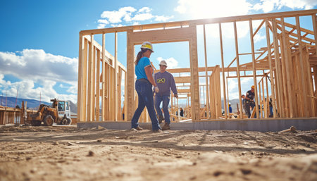 Construction workers on the construction site of a new house. Construction workers on the construction site.の素材