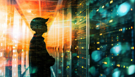 Silhouette of a young business man in front of a big data centerの素材