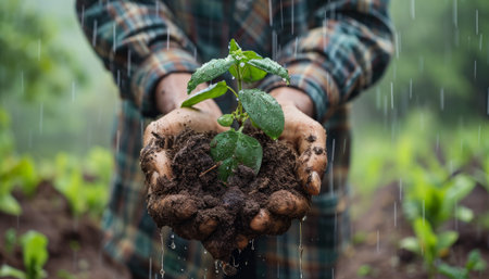 Close-up of gardener's hands holding young seedling in soilの素材