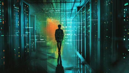 Silhouette of a man in a server room. 3D renderingの素材