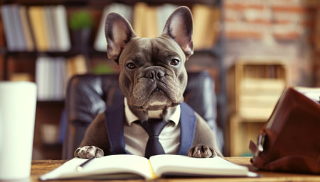 Cute french bulldog dog sitting at desk and reading a bookの素材
