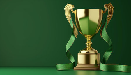 3D rendering of a golden trophy with a green ribbon on a green backgroundの素材