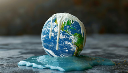 Globe with milk on table, closeup. Global warming conceptの素材