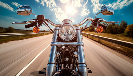 Motorcycle on the road at sunset. Concept of speed and motion.の素材