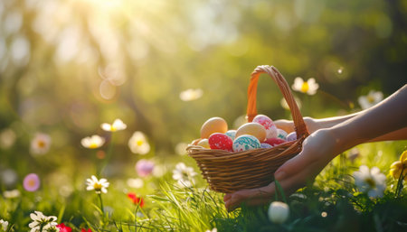 Easter eggs in basket in woman hands on green grass with flowersの素材
