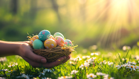 Hand holding basket with easter eggs on green grass and daisy flowers background.の素材