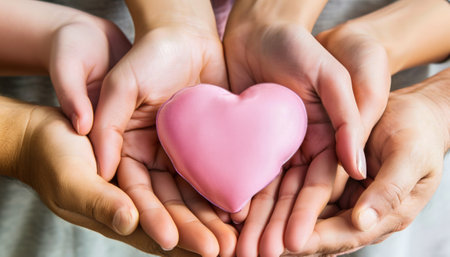 Close-up of female hands holding pink heart shaped object in handsの素材