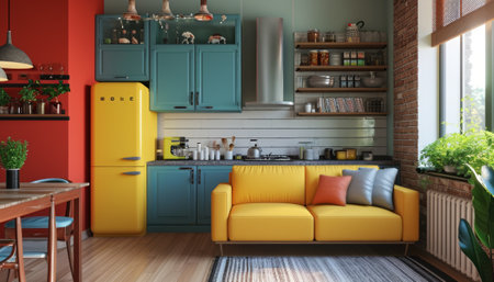 3d Illustration of a modern bright kitchen with a beautiful designの素材