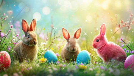 Easter bunnies with colorful eggs in grass. Happy Easter.の素材