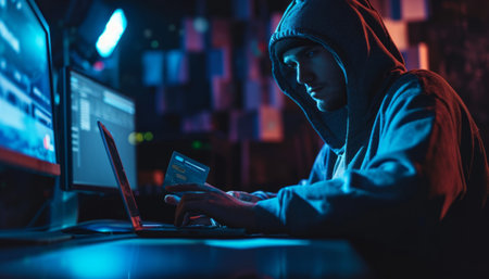 Hacker using laptop and credit card for online shopping in dark roomの素材