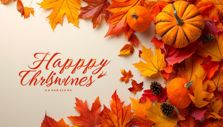 happy thanksgiving text with autumn leaves and pumpkins on white backgroundの素材