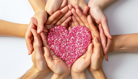 Hands of parents and children holding a heart shaped object on white backgroundの素材