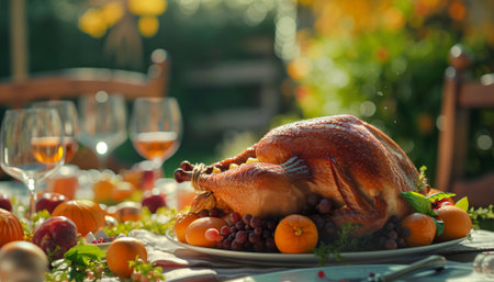 Garnished roasted turkey served on a festive table with autumn fruitsの素材