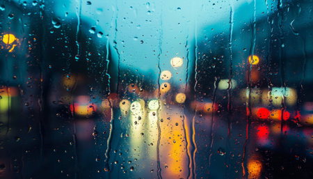 Rain drops on the glass with blurred background of the city at nightの素材