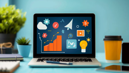 Laptop screen displaying a business strategy concept on a desk. All screen graphics are made up.の素材