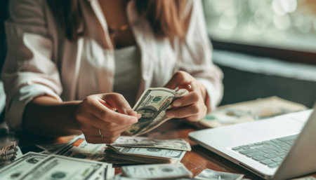 Cropped image of young businesswoman counting money while sitting in cafeの素材