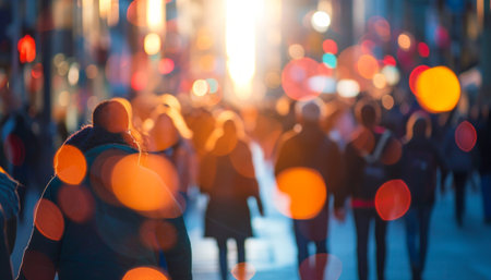 Crowds of people walking in the street at sunset. Blurred backgroundの素材