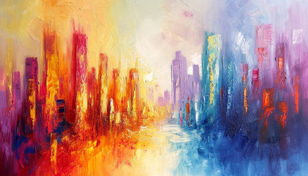 Colorful abstract painting of skyscrapers in New York City.の素材