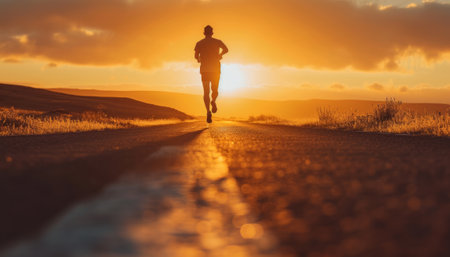 Runner athlete running on road at beautiful sunset. Healthy lifestyle concept.の素材