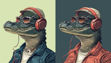 Crocodile with headphones and sunglasses. Vector illustration in vintage style.の素材