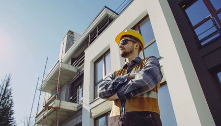 Builder in yellow helmet and overalls on the background of the building.の素材