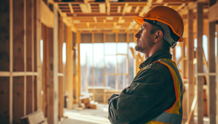 Portrait of a handsome young man in a construction helmet and work clothesの素材