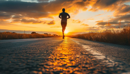 Runner athlete running on road at sunset. woman fitness jogging workout wellness concept.の素材