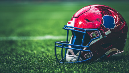 American football helmet on green field with copy space. Focus on helmetの素材