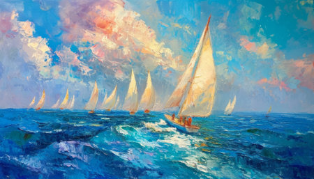 Sailing boats in the sea. Oil painting on canvas. Modern art.の素材